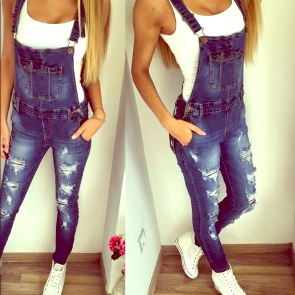 Skinny leg denim long overalls - distressed denim